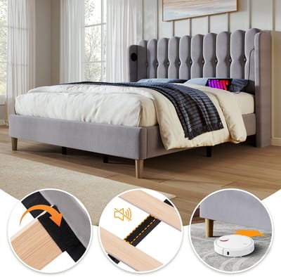 OKWISH Gepolsterd Bed 140x200cm - USB & Type-C Oplaadpunt - Paneelhoofdeinde - Zonder Opbergruimte - Slaapkamer/Gastenkamer - Linnen Gestoffeerd - Grijs - Met matras