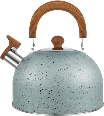 Waterketel Roestvrij Staal - Theeketel met Fluit - Snel Water Koken - Houten Handvat Geïsoleerd - 3 Liter Inhoud - Blauw