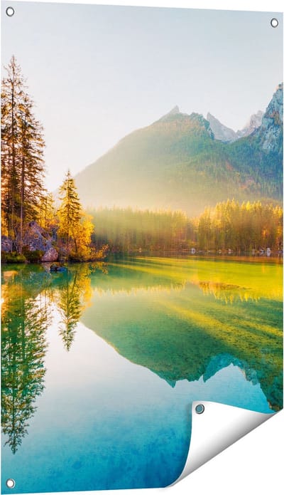 Gards Tuinposter Zonsopgang bij het Meer in de Herfst - 60x90 cm - Tuindoek - Tuindecoratie - Wanddecoratie buiten - Tuinschilderij