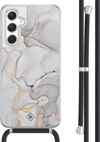 Casimoda® hoesje met koord - Geschikt voor Samsung A54 - Marmer Grijs - Afneembaar koord - TPU/acryl - Grijs