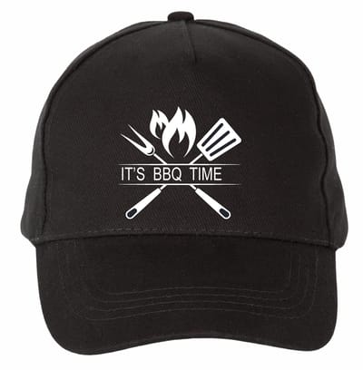 Mijncadeautje - 5 panel - BBQ Cap - Verstelbaar - Pet van 100% dik geborsteld katoen- unisex - opdruk wit - It's BBQ Time - Zwart