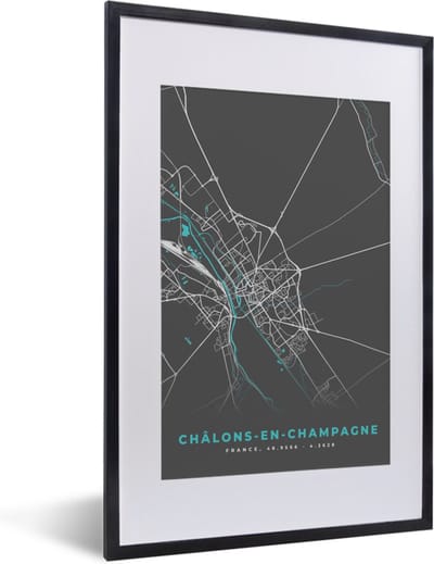 Fotolijst incl. Poster - Frankrijk - Châlons-en-Champagne - Stadskaart - Plattegrond - Kaart - 40x60 cm - Posterlijst