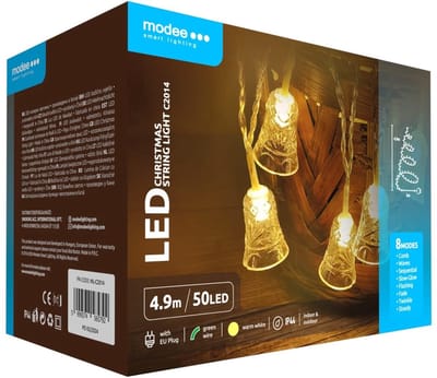 Modee Lichtsnoer Kerstklokjes 4.9 Meter - Kerstverlichting voor Buiten en Binnen - 50 LED Lampjes 8 Lichtstanden - IP44 - 2700K - Warm Wit Licht - Per stuk