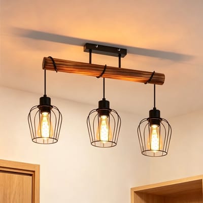 NETTLIFE Plafondlamp 3 vlammen E27 - zwart - retro - hout en Metaal - hoogte verstelbare voor Woonkamer Keuken Slaapkamer - zonder gloeilamp