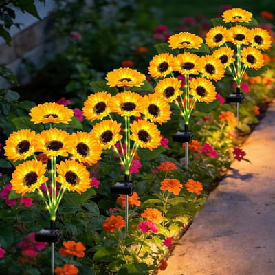 4 Stuks 24 Lampen - Solar Tuinverlichting - Solar Tuinlamp - Tuinverlichting Op Zonne-Energie - Zonnebloemlampjes - Zonnebloem Solar Verlichting - Decoratieve Tuinpalen voor Landschap, Erf, Terras en Gazon