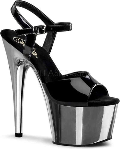 Pleaser - ADORE-709 Sandaal met enkelband, Paaldans schoenen - Paaldans schoenen - 35 Shoes - Zwart/Chroomkleurig