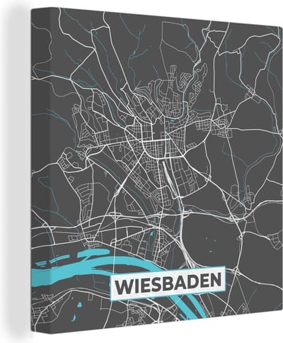 Canvas Schilderij Stadskaart – Plattegrond – Duitsland – Blauw – Wiesbaden – Kaart - 20x20 cm - Wanddecoratie