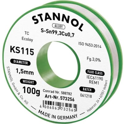 Stannol KS115 Soldeertin, loodvrij Spoel Sn99,3Cu0,7 ROM1 100 g 1.5 mm