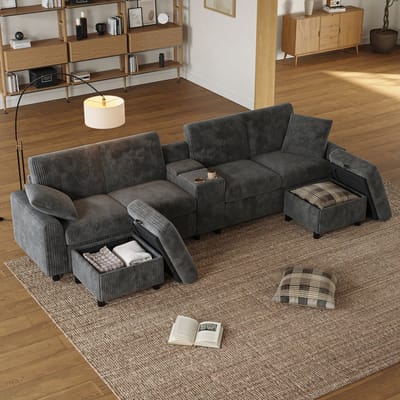Sofa - U-vormig 4-Zits Bankstel van Corduroy - Met 2 Opbergpoefs, Bijzettafel, 2 Bekerhouders, USB, 2 Stopcontacten & 2 Type-C - 315x135x81 cm - Voor Woonkamer - Grijs