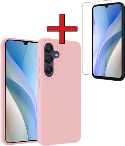 Hoesje - Met Screenprotector - Geschikt voor Samsung Galaxy A15 - Sterk & Shockproof - Telefoon Hoes - Back Cover - Siliconen Case - Telefoonhoes - Lichtroze