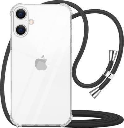Hoesje met Koord geschikt voor iPhone 16 Transparant - Doorzichtig Zwart Shockproof Koord hoesje geschikt voor iPhone 16 - Hoesje met touw - Zwart touw