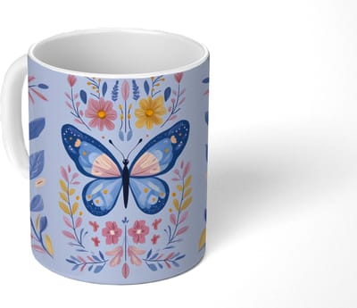 Mok - Koffiemok - Vlinder - Lichtblauw - Sierlijk - Bloemen - Mokken - 350 ML - Beker - Koffiemokken - Theemok