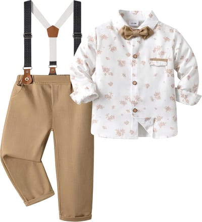 Kinder Jongen Bruiloft Set: Katoenen Shirt met Strik, Bretels en Pantalon (4-Delig)