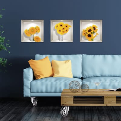 3D-bloemenstickers, verschillende soorten zonnebloemen, 30 x 90 cm