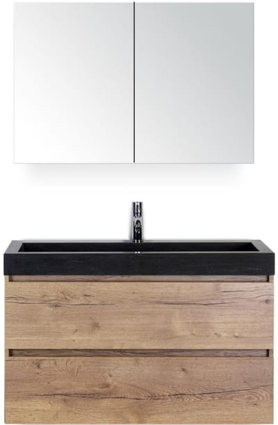 Maxx XL Badmeubelset 100 cm - Natuur Eiken - Wastafel Lucca 1 Kraangat met Spiegelkast