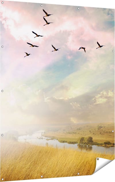 Gards Tuinposter Groep Vogels Vliegen Boven het Gras - 120x160 cm - Tuindoek - Tuindecoratie - Wanddecoratie buiten - Tuinschilderij