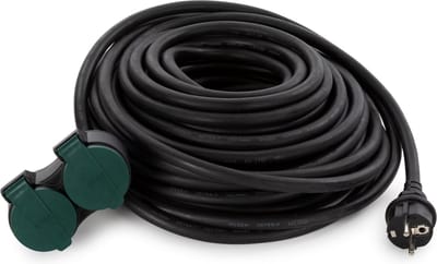 Perel Verlengkabel, verlengsnoer, stroomkabel, verlenging kabel, binnenkabel met twee stopcontacten voor buiten IP44, geaard, Schuko, H07RN 3G2.5, PVC, rubber, 20 m, zwart
