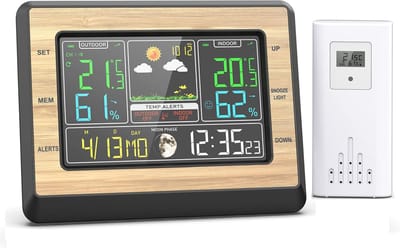 Weerstation Draasloos Binnen/Buiten - Weerstation - Kleuren LCD - Draadloze Temperatuur en Vochtigheid Sensor - Alarmfunctie - Voor Binnen en Buiten