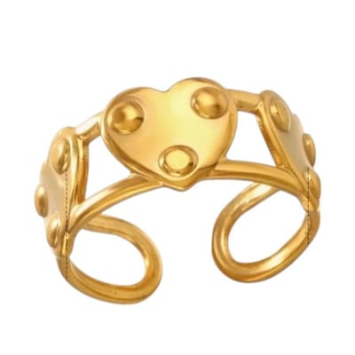 Aramat Jewels | Ringen | Stalen Verstelbare Open Ring - 3 Hartjes & Dots - One Size | Goudkleur | |12mm | Staal | Volwassenen | Verkleurd niet