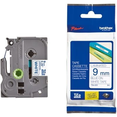 Labeltape Brother TZe, TZ TZe-223 PET Tapekleur: Wit Tekstkleur:Blauw 9 mm 8 m