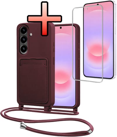 Hoes Geschikt voor Samsung A37 Met Telefoonkoord Met Screenprotector - Siliconen Hoesje Backcover Met Ketting - Aubergine
