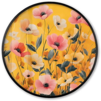 Poster in lijst Rond - Fotolijst 60x60 cm - Posters - Bloemen - Veld - Geel - Ronde posterlijst zwart - Decoratie - Wanddecoratie woonkamer - Muurdecoratie slaapkamer