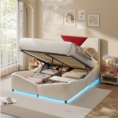 Design Fluwelen Opbergbed 140x190 Beige met Rood Geometrisch Accent en LED – Hydraulisch Bed met Opbergruimte