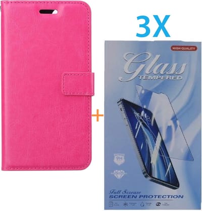Bookcase Geschikt voor: Apple iPhone 16 Pro Max - Roze - portemonnee hoesje - + 3X Tempered Glass Screenprotector