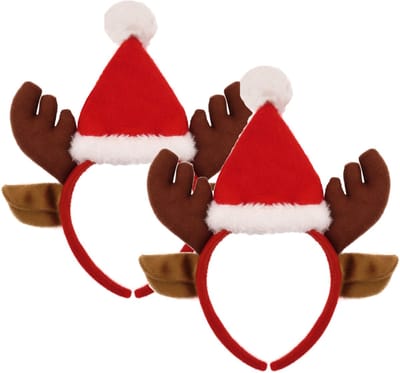 Henbrandt Rendier diadeem - 2x - gewei met kerstmuts - bruin met rood - 22 cm - haarband - kerstaccessoires