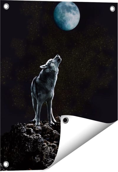 Gards Tuinposter Wolf Huilt naar de Volle Maan - 40x50 cm - Tuindoek - Tuindecoratie - Wanddecoratie buiten - Tuinschilderij