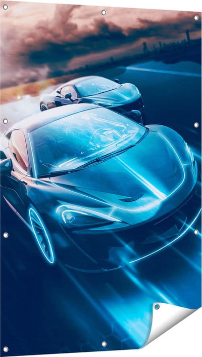 Gards Tuinposter Twee Raceauto's - Abstract - 80x120 cm - Tuindoek - Tuindecoratie - Wanddecoratie buiten - Tuinschilderij