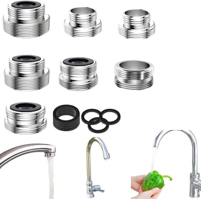 7-delige kraanadaptersset – Waterkraanadapters – Adapters met buitendraad voor tuinslangen en keukenkranen – Inclusief afdichtringen – Voor het aansluiten van tuinslangen, wasbakken en waterzuiveraars