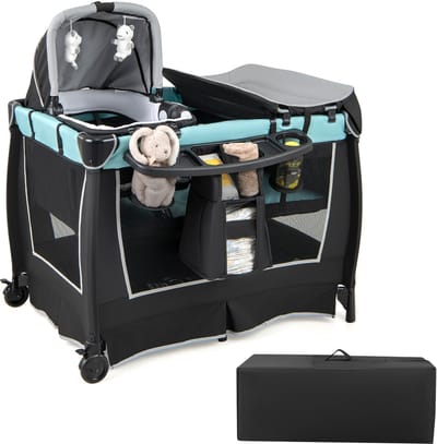 COSTWAY 6-in-1 reisbed met matras, mobiele babywieg met verstelbare luifel, opklapbed met aankleedkussen, muziekdoos en draagtas voor baby's tot 3 jaar, belastbaar tot 15 kg (groen)