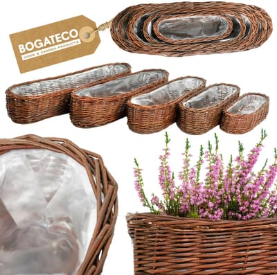 BOGATECO Wicker bloempot | Handgemaakte rieten bloempot van wilg, langwerpige rieten mand, set van 5