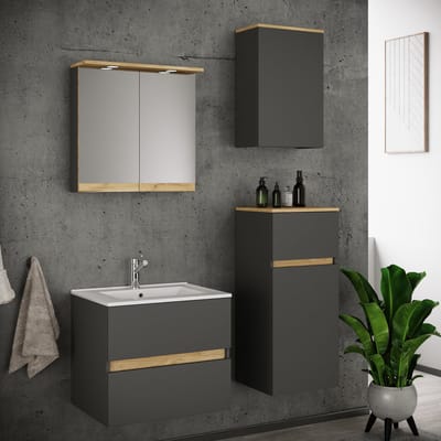 VCM 5-tlg. Waschtisch Set mit Keramikbecken, Badschrank mit 2 Softclose-Schubladen, Midischrank, Hängeschrank, Spiegelschrank mit Beleuchtung und Steckdose, Maße Unterschrank H. 51 x B. 61 x T. 47 cm, Cosila-I