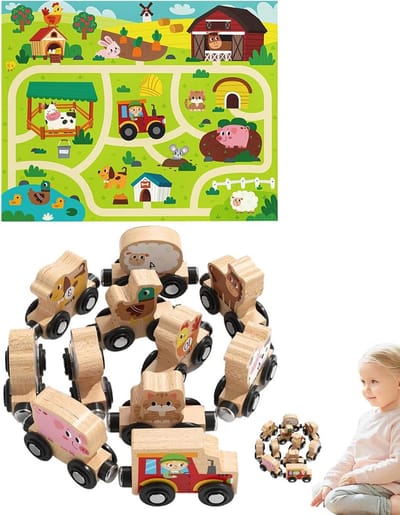 Houten treinset - Houten spoorweg - Educatief spel - Met dierenwagens - 25.5 x 17.5 cm - Niet gespecificeerd