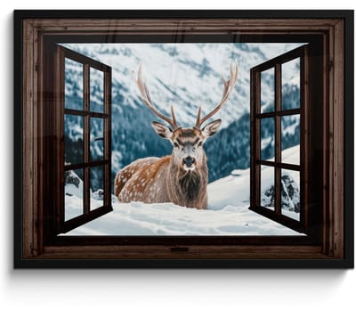 Poster in lijst - Fotolijst 70x50 cm - Posters - Hert - Landschap - Winter - Natuur - Dieren - Doorkijk - Bergen - Posterlijst zwart - Decoratie - Wanddecoratie woonkamer - Muurdecoratie slaapkamer
