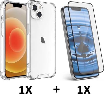 HB Hoesje Geschikt voor Apple iPhone 13 - Transparant / Volledige Glazen Screenprotector - Anti-Shock Hybrid Back Cover