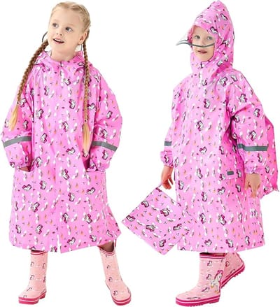 Famanu – Regenponcho voor kinderen meisjes, waterdicht, ademend, lichtgewicht regencape met capuchon, verstelbare mouwen, school en outdoor gebruik
