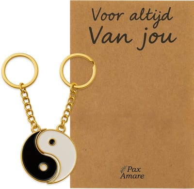 Koppel Sleutelhanger voor 2 'Voor altijd van jou' - Magnetische Yin Yang - Sleutelhanger set op Cadeau Kaartje - Goudkleurig - Persoonlijke Hanger - Pax Amare