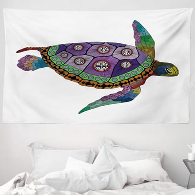 ABAKUHAUS Psychedelisch Wandtapijt en Sprei, Zeeschildpad, 230 x 140 cm, Violet Oranje Roze