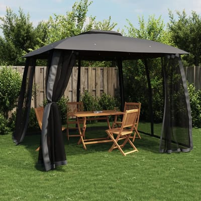 vidaXL - Prieel - met - gaaswanden - en - dubbel - dak - 2,93x2,93 - m - staal - antraciet