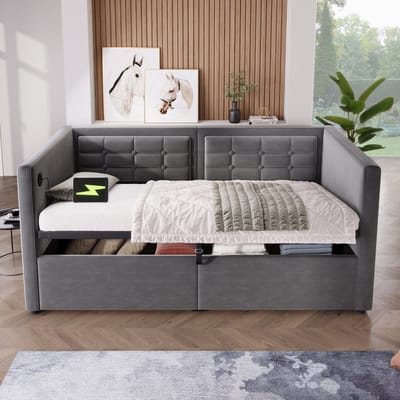 90x200 cm extra dik slaapbank - eenpersoonsbed - met opbergruimte en USB- & Type-C-oplaadstation - grijs - zonder matras