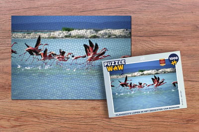 Puzzel Flamingo's lopen in het zeewater van Bonaire - Legpuzzel - Puzzel 1000 stukjes volwassenen