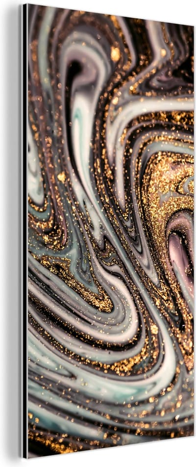 Wanddecoratie Metaal - Aluminium Schilderij Industrieel - Marmerlook - Goud - Glitter - Luxe - Marmer - Wit - 80x160 cm - Dibond - Foto op aluminium - Industriële muurdecoratie - Voor de woonkamer/slaapkamer