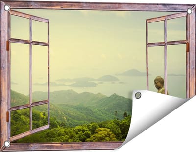 Gards Tuinposter Doorkijk Boeddha Standbeeld in het Bos - 60x40 cm - Tuindoek - Tuindecoratie - Wanddecoratie buiten - Tuinschilderij