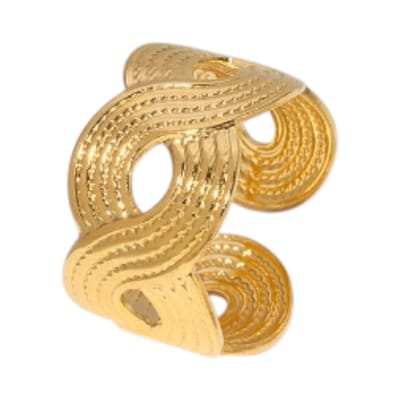 Aramat Jewels | Ringen | Brede Verstelbare Ring RVS met Vlecht Motief - 13 mm | Goudkleur | |13mm | Staal | Volwassenen | Verkleurd niet