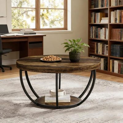 FloraGrace Salontafel - Ronde Tafel Met Tambourvoet - Voor Woonkamer En Lounge - MDF - 80 Cm - Bruin