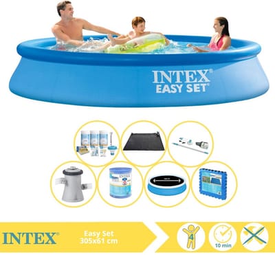 Intex Rond Opblaasbaar Easy Set Zwembad - 305 x 61 cm - Blauw - Inclusief Pomp - Solarzeil - Onderhoudspakket - Filter - Stofzuiger - Solar Mat - Vloertegels - 8-delig