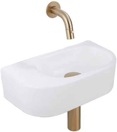 QeramiQ Fuente Fonteinset - 40x21.5x12cm - glad - halfrond - keramiek - fonteinkraan geborsteld messing - afvoerplug - verlaagd sifon - wit mat